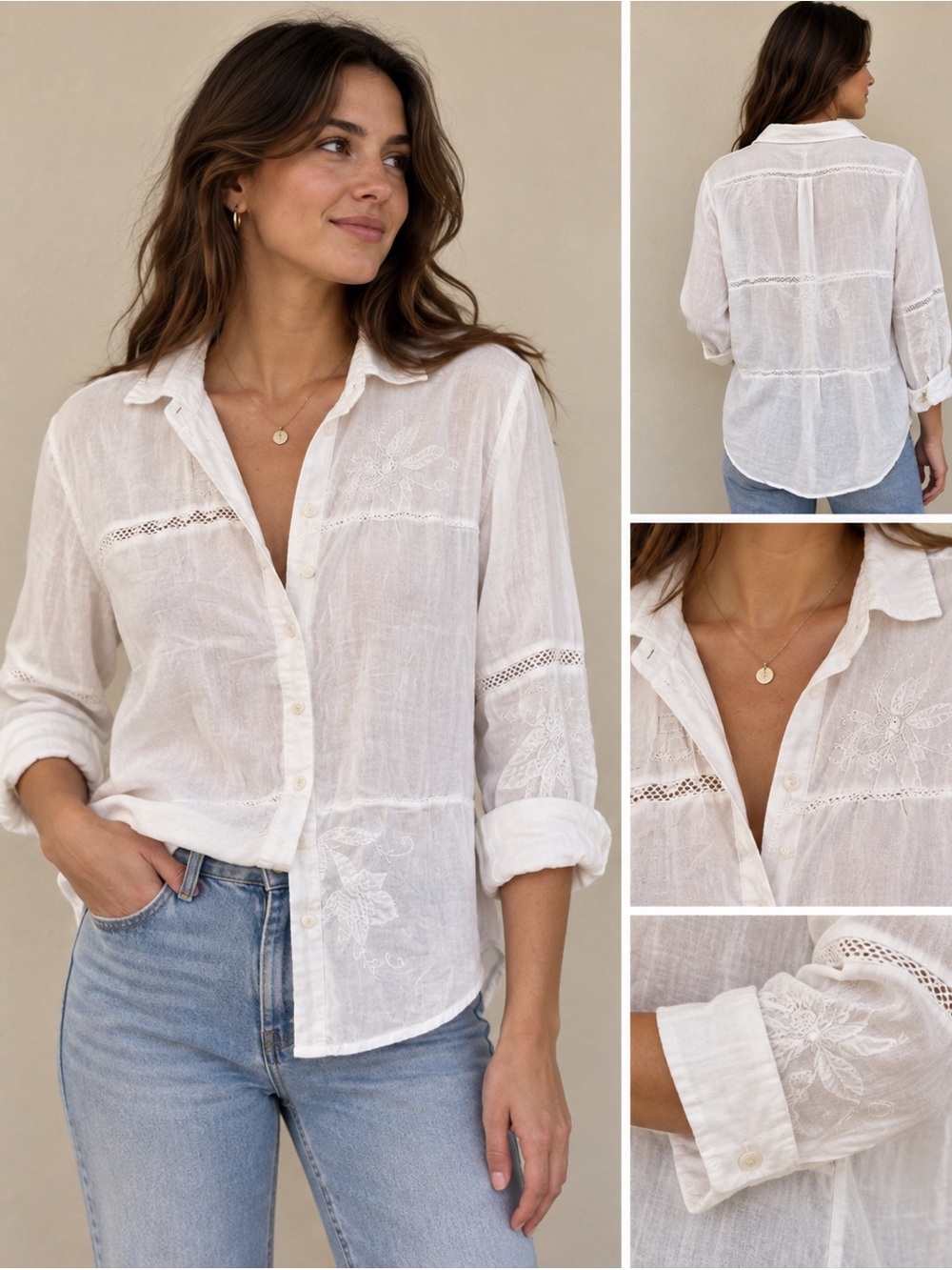 Tarra by Stephanie La Rue Cotton Woven Embroidered Blouse White Size M/L